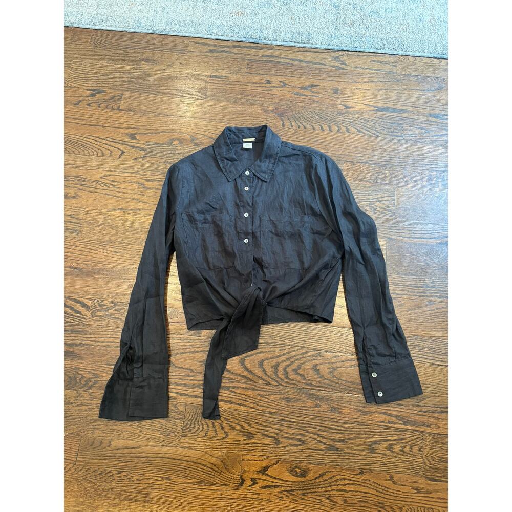 Magaschoni size Small black linen button down tie front cropped blouse lagenlook